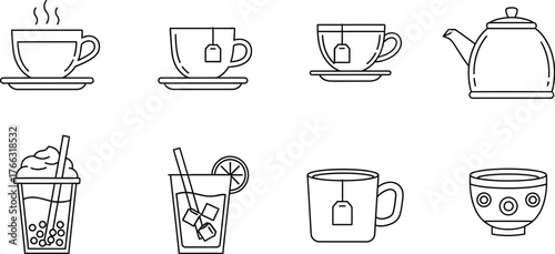 Collection of various tea and drink cups and pots in outline style
