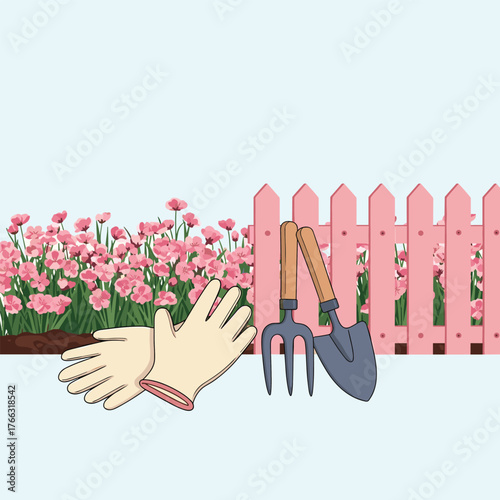 Gardening Tools and Gloves Ready for Planting Flowers.