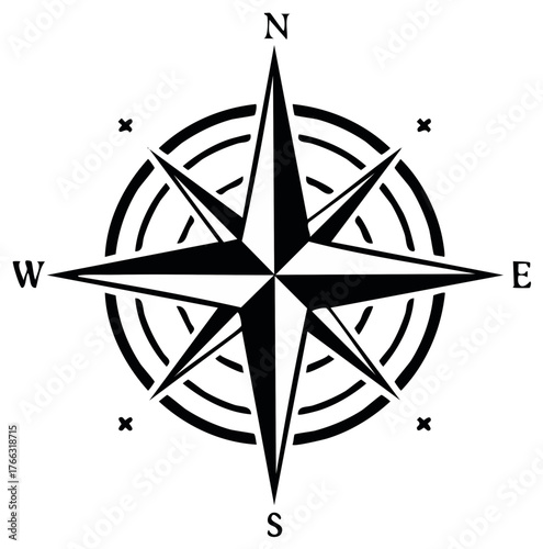 Simple elegant stylized compass rose with north, south, east, and west in a monochrome isolated illustration for nautical or adventure themes