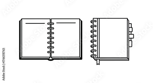 Two open ring binder notebooks shown from the front and side in a clean black and white silhouette style