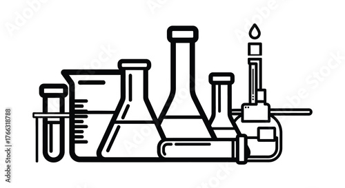 Black and white silhouette of various laboratory glassware including flasks beakers and test tubes with a bunsen burner silhouette