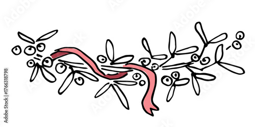 Garland of mistletoe branches, red ribbon. Christmas winter plants, New Year decor. Leaves, white berries. Hand-drawn vector illustration with black outline. Ink sketch.