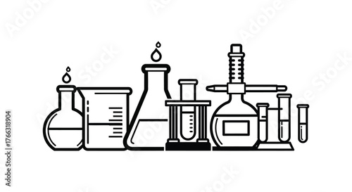 Collection of various laboratory glassware and scientific equipment in a simple black silhouette style