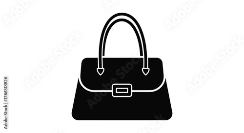 A classic black leather handbag silhouette with a decorative buckle and double handles isolated on a white background silhouette