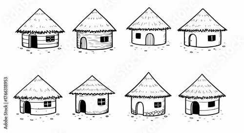 Cozy hut dwellings with thatched roofs