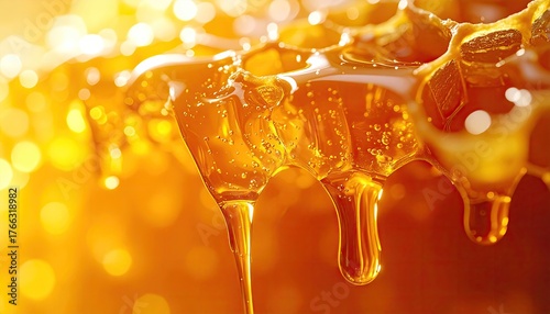 Golden Honey Dripping from Honeycomb in Warm Sunlight Macro Shot