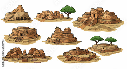 Ancient ruins and trees in a desert landscape