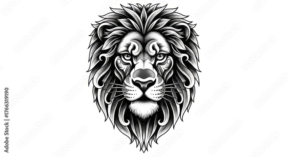 Obraz premium Stylized Grayscale Lion Head Illustration with Intricate Tribal Details on White Background