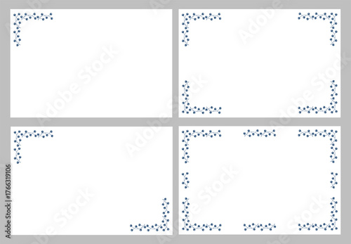 Set of four frames isolated on  white background. Blue twigs with berries. Flat vector design.