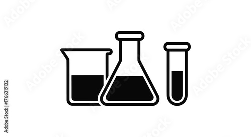 Three laboratory glassware items including a beaker flask and test tube in a simple black silhouette