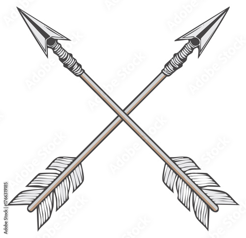 Two crossed arrows with feathers and metal tips, a symbol of conflict or partnership