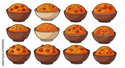 Rice bowls with toppings in various ceramic dishes