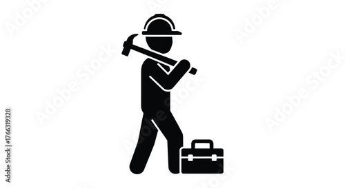 A stylized black silhouette of a construction worker carrying a hammer over his shoulder next to a toolbox silhouette