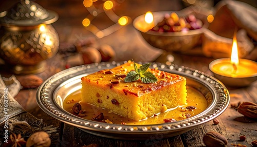 Golden Sponge Cake Square Drizzled with Honey Syrup Topped with Mint Leaves Served on Ornate Silver Plate with Nuts and Candle Light Bokeh Background