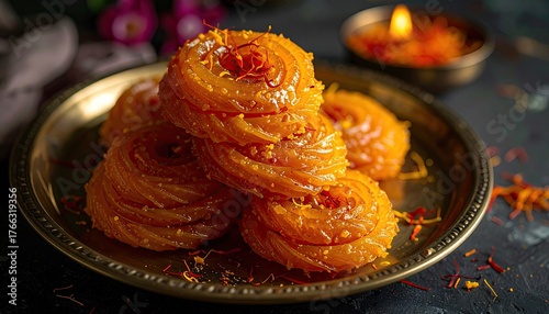 Golden yellow sweet Jalebi pastries stacked attractively on a bronze plate with a flickering candle in the background and floral decorations casting a warm inviting glow