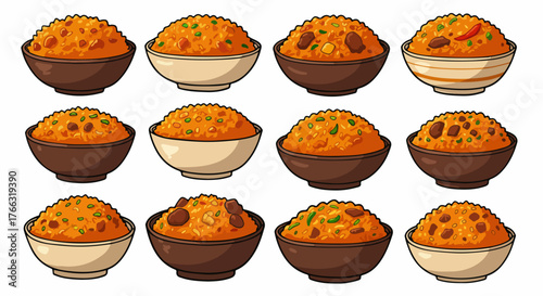 Rice bowls with toppings in various ceramic dishes