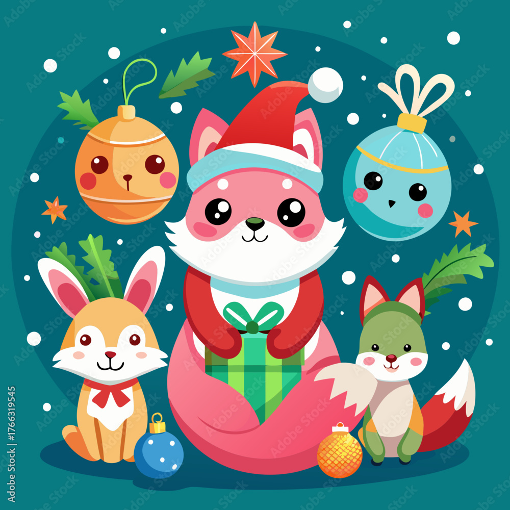 Naklejka premium Cute christmas animals including a fox rabbit and squirrel celebrating the holidays