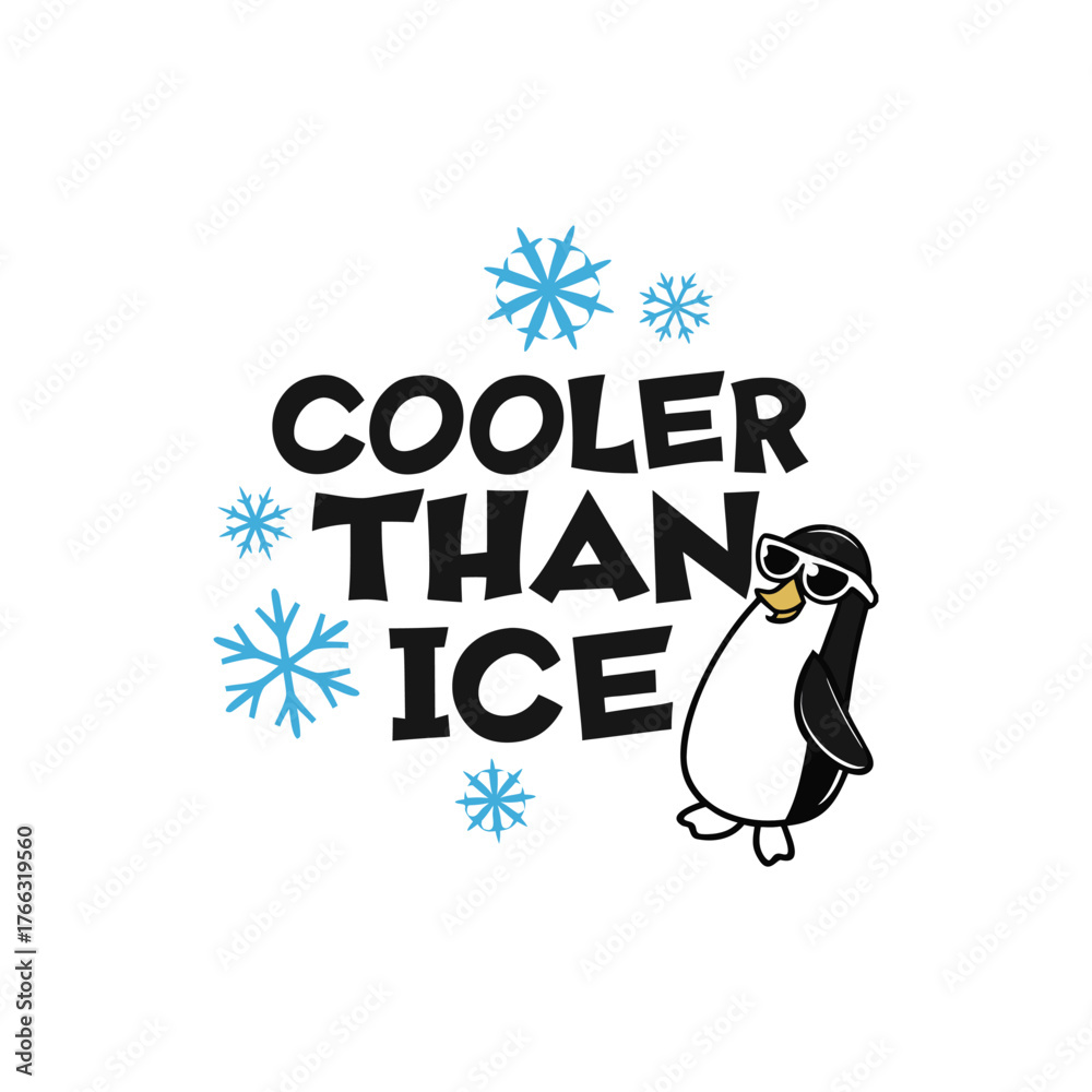 Naklejka premium Cooler Than Ice – Cute Penguin Typography Vector (Black & Blue)