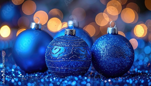 Close Up Of Blue Christmas Ornaments With Bokeh Lights Background