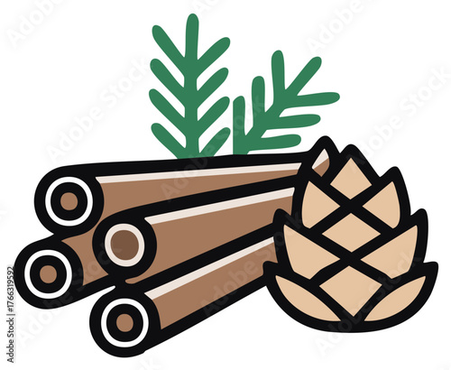 Stylized illustration of cinnamon sticks, pine cone, and pine needles for festive themes.