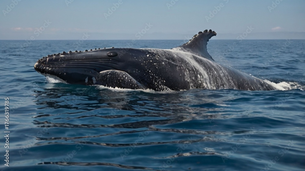 Naklejka premium A humpback whale mother swims alongside her curious calf
