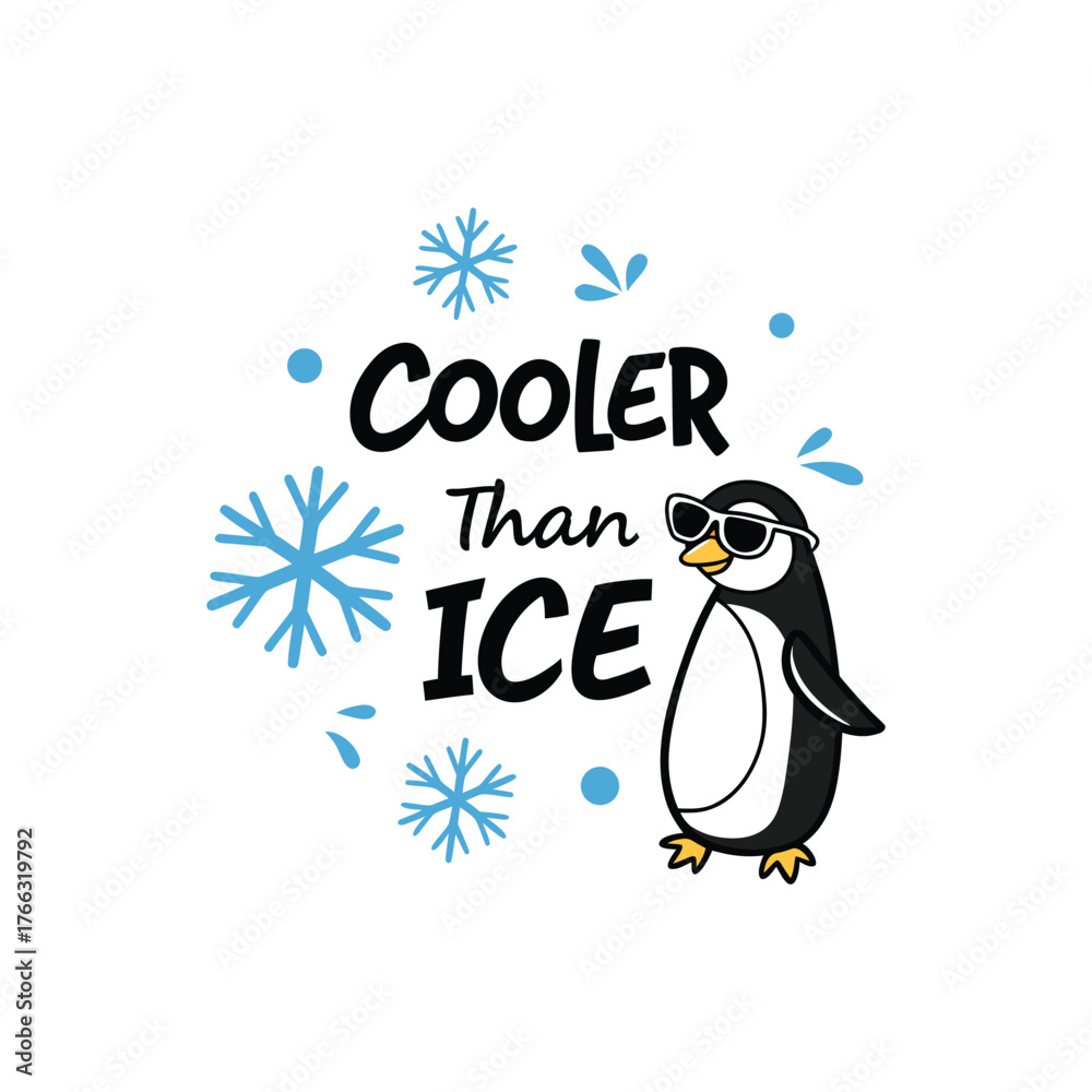 Naklejka premium Cooler Than Ice – Cute Penguin Typography Vector (Black & Blue)