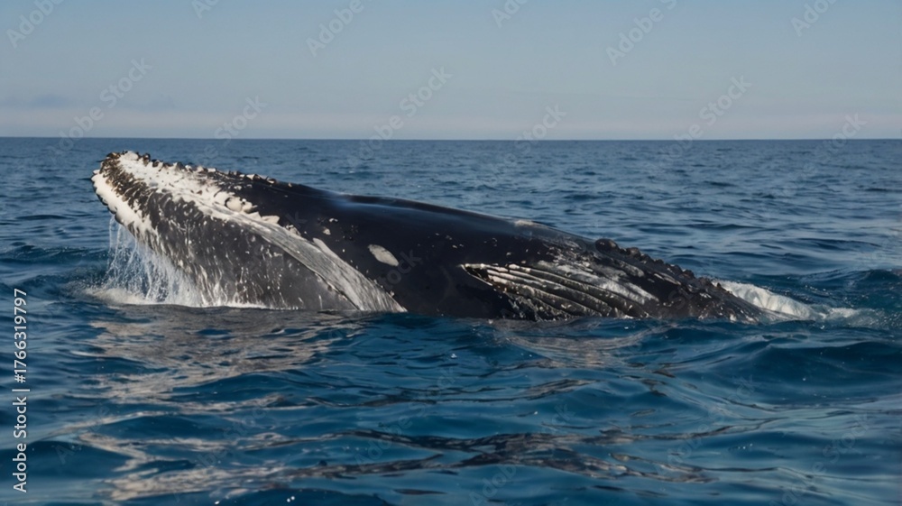 Fototapeta premium A humpback whale mother swims alongside her curious calf