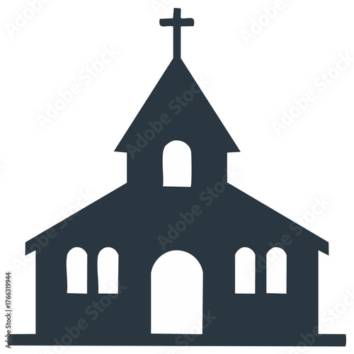 Simple silhouette icon of a Christian church building with a cross on the steeple and arched windows