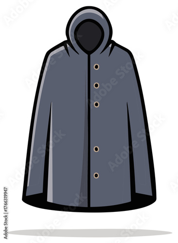 Dark grey hooded raincoat illustration with buttons symbolizing wet weather protection