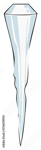 Single clear and transparent icicle with sharp point, winter weather phenomenon illustration