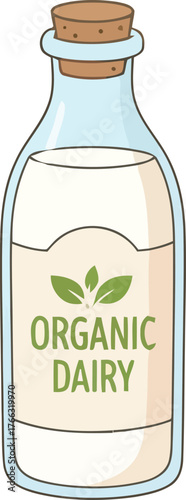 Cartoon Bottle of Organic Dairy Milk with Cork Stopper Illustration