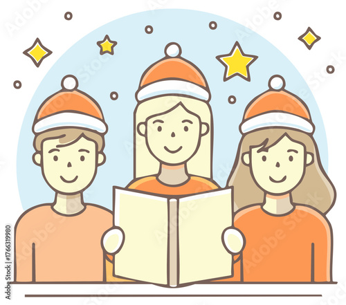 Three children in Santa hats singing carols from a book with stars in the background