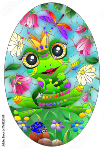 An illustration in the style of a stained glass window with a frog princess on a background of sky and flowers