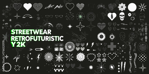 Collection of retrofuturistic y2k streetwear graphic elements and icons for design