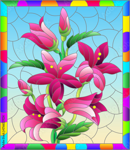 An illustration in the style of a stained glass window with a composition of flowers on a blue background in a frame