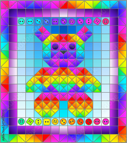 Patchwork illustration with a bright teddy bear on a blue background with buttons and a frame