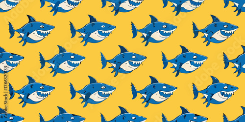 Seamless pattern of cartoon blue sharks with sharp teeth against a bright yellow background