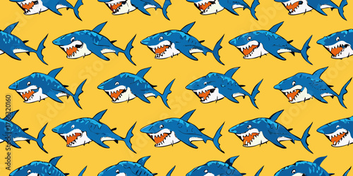 A playful pattern of cartoon sharks with sharp teeth swimming against a bright yellow background