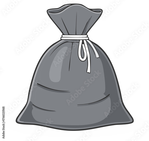 Heavy gray cartoon trash bag or loot sack tied shut with a white rope vector illustration