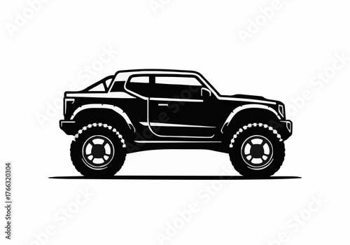 A side view of a strong black offroad vehicle in a minimalist style, representing adventure and freedom, perfect for automotive design and promotional campaigns.