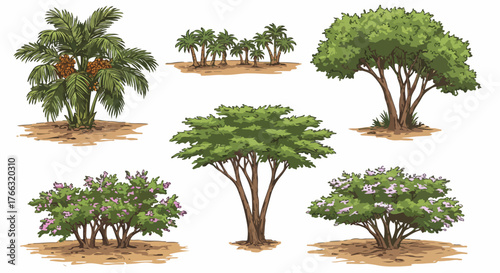 Palm trees and shrubs collection in natural setting