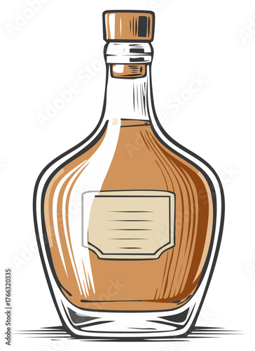 Hand drawn vector illustration of a classic glass bottle of aged whiskey or cognac with a blank label