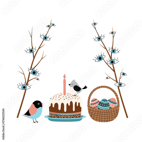 Surreal Birthday Celebration with Cake Birds and Eye Branches.