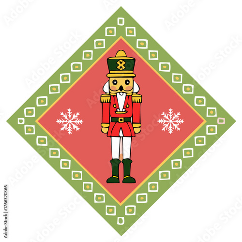 Christmas holiday nutcracker soldier cartoon illustration with a festive decorative border