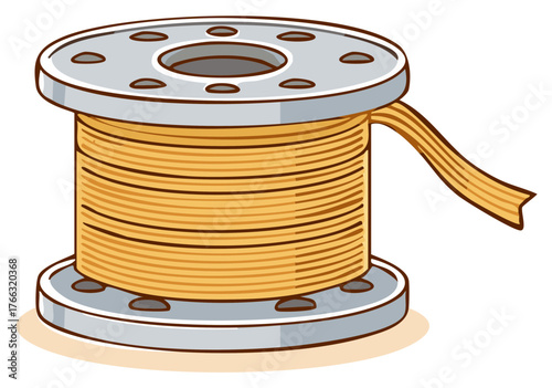 Illustration of a Spool of Golden Thread with a Sewing Machine Detail