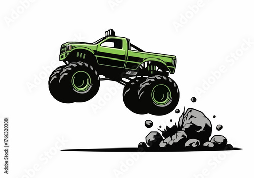 A cartoon illustration of a vibrant green monster truck powerfully leaping over rocks on a white background, conveying action, energy and dynamic power, ideal for automotive or gaming design.