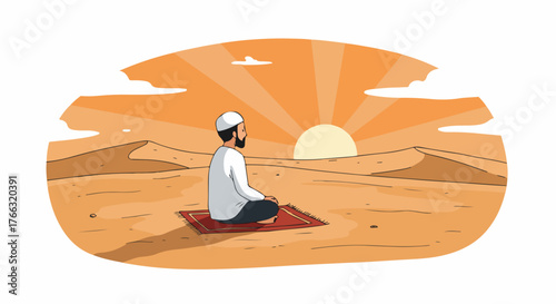 Muslim man praying in desert at sunrise