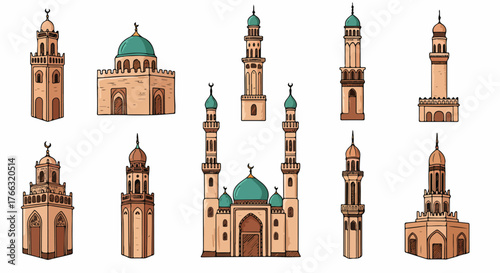 Islamic architecture set with minarets and domes