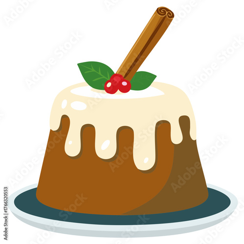 Illustrated Christmas Pudding with Icing Drip, Holly, and Cinnamon