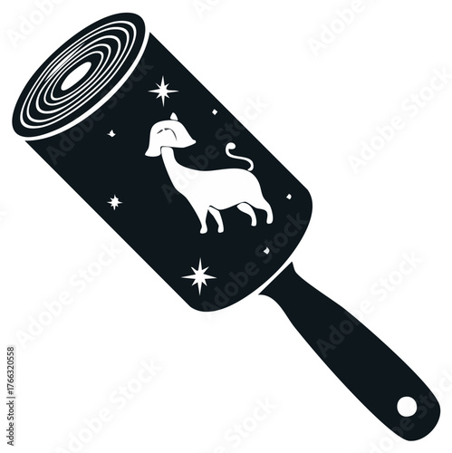 Black and White Lint Roller with Stylized Llama Animal and Stars Illustration